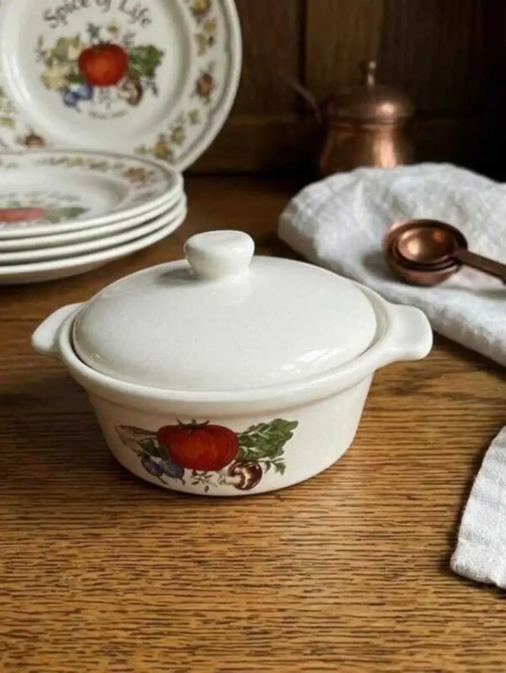 Vintage 1970s Japan Stoneware Individual Casserole Dish with Lid Tomato